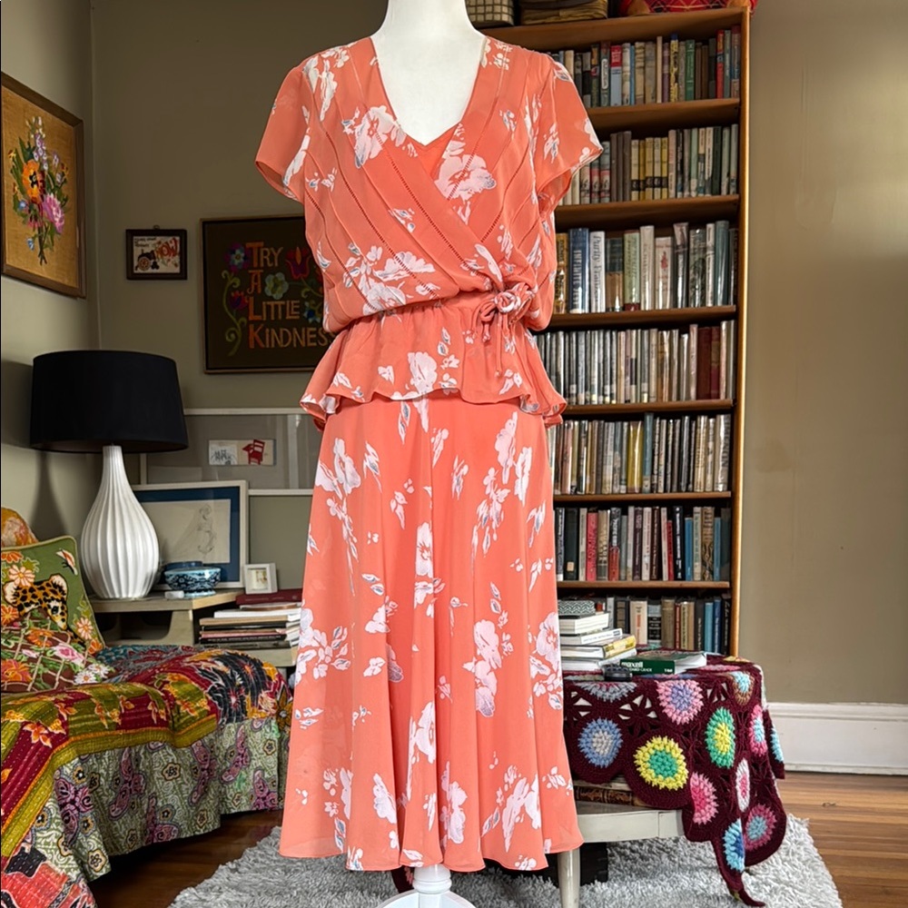 Albert Nipon Coral Dress with White Floral Pattern